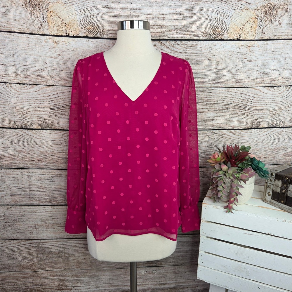 5/$25 J Crew Womens Pink Polka Dot V-Neck Long Sleeve Blouse XS
